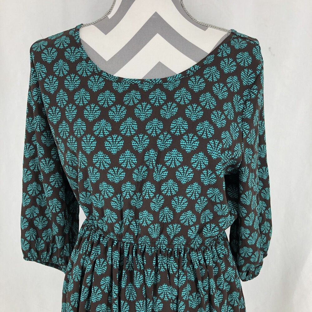 Carapace Black Green Floral 3/4 Sleeve V Back Dress Large